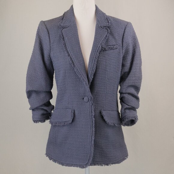 cinq a sept Jackets & Blazers - Cinq à Sept Boucle Khloe Tweed Fringe Trim Blazer, Dusty Blue, Size US 0